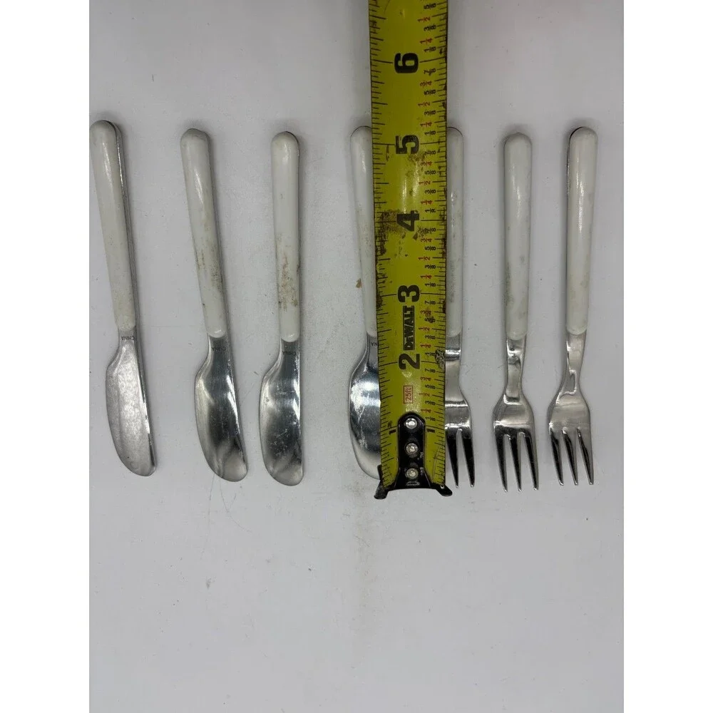Lot of 7 Vintage Stainless Steel Cutlery Set White Plastic Handles 3 Forks 4 Kni